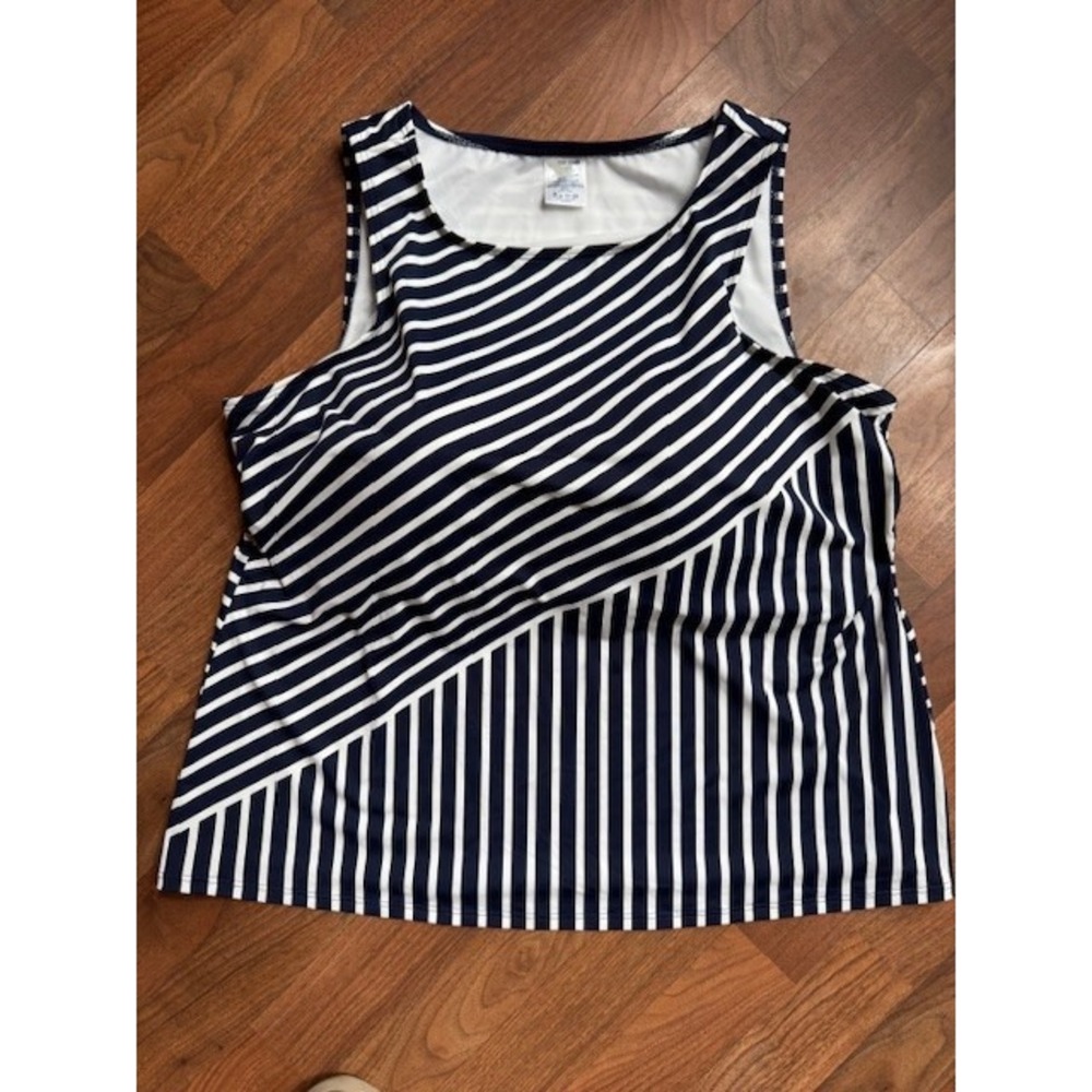 Lands End Woman 22W DDD Tankini‎ Blue White Nautical Striped Swimwear High Neck